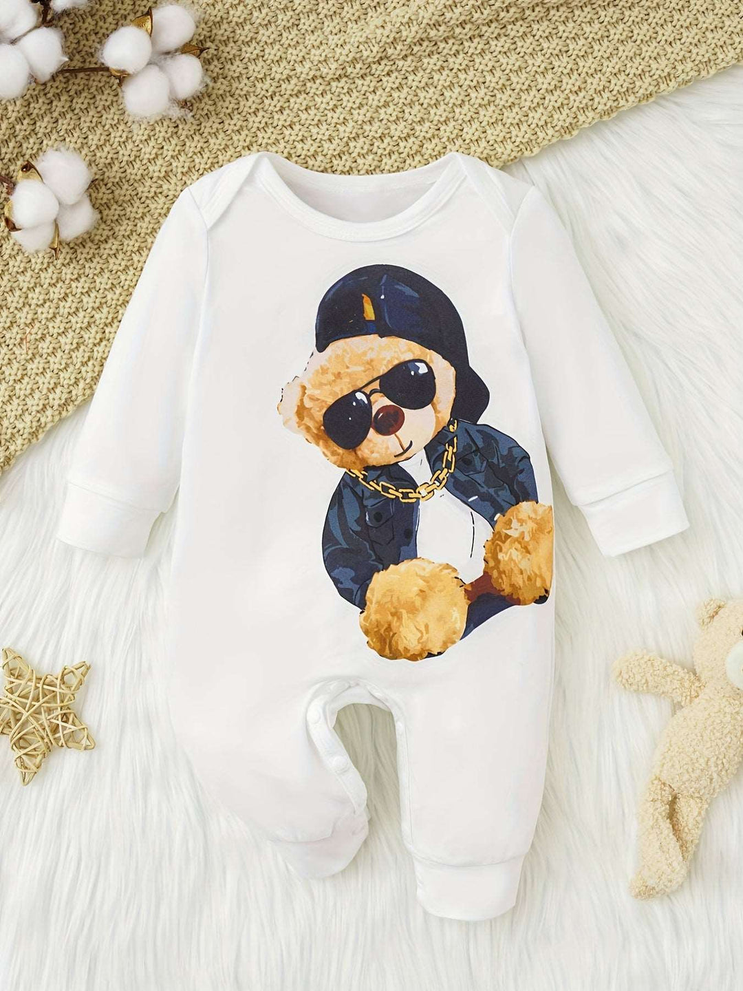 Adorable Cute Long Sleeve Cool Bear Motif Jumpsuit with Bottom Snap Gen U Us Products