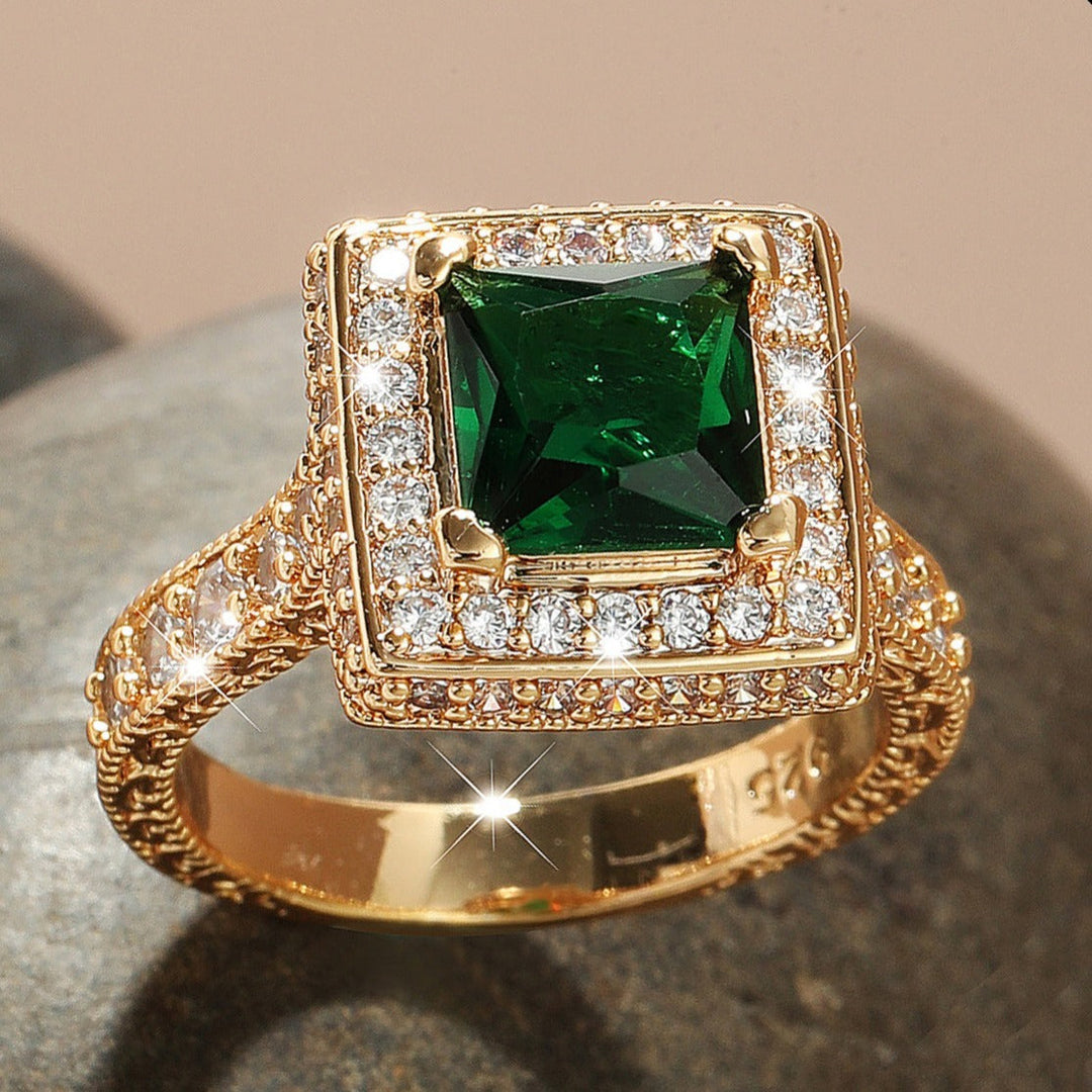 Exquisite 18K Plated Gold Large Square Emerald Glass Zircon Ring Gen U Us Products