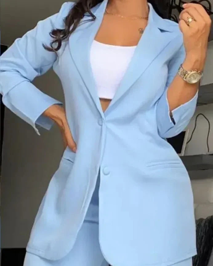 Office Lady Plus Size Notched Blazer and High Waist Pants Suits 