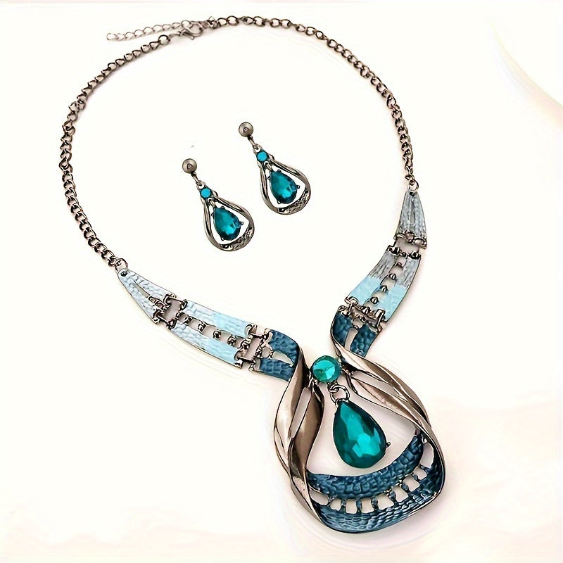 Sparkling Gemstone Necklace with Water Drop Earrings Set 