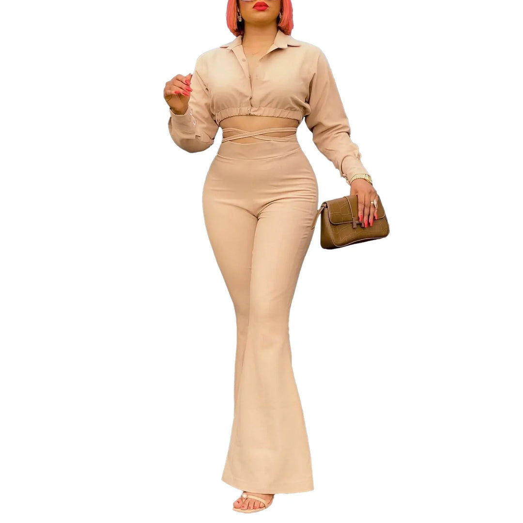 Stylish Plus Size Office Lady Snug-fit Crop Top and Flared Pants Set 