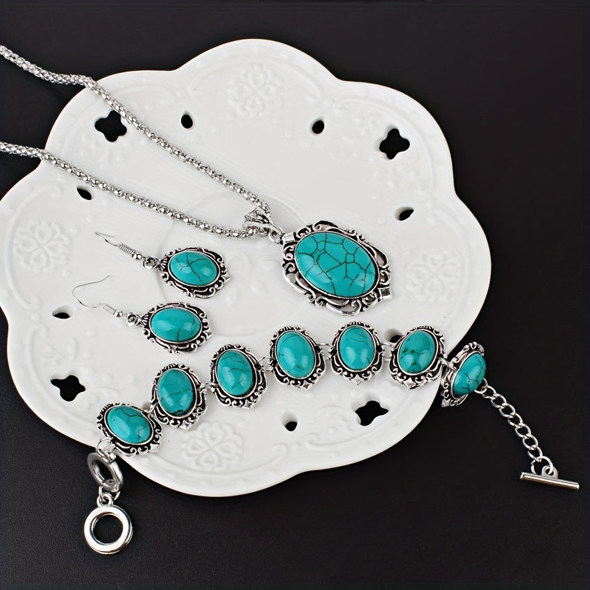 Vintage Turquoise Healing Stone Bracelet Earrings & Necklace Set 