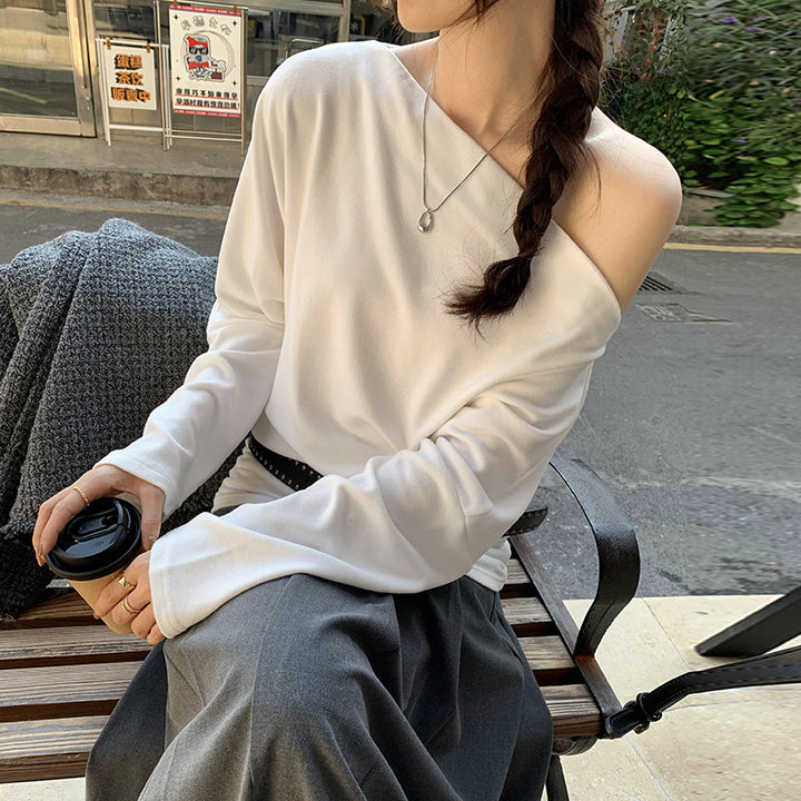 Women's Sexy Off Shoulder Long Sleeve Solid Color Batwing Slim Fit Shirt