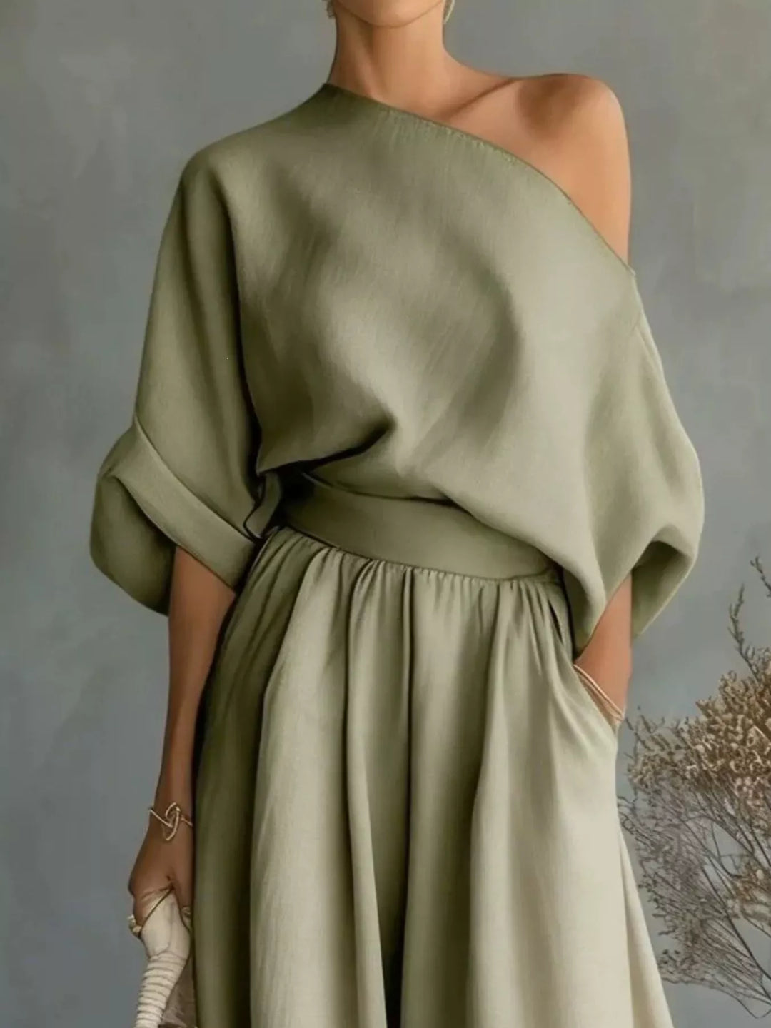 Plus-size one-shoulder top and wide-leg pants set, sage green, draped sleeve