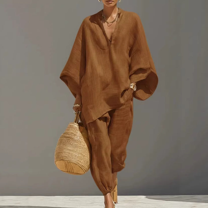 Women's Solid Color Loose Three-Quarter Sleeve Shirt And Pants Set