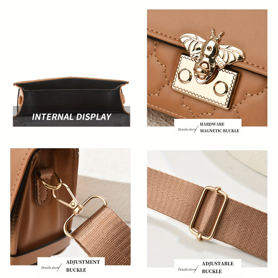 Collage of a brown handbag with detailed features labeled on a white background.