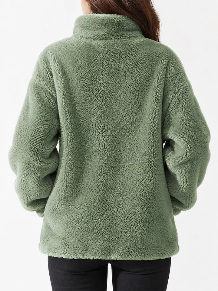 Green faux fur zip jacket with stand collar, back view