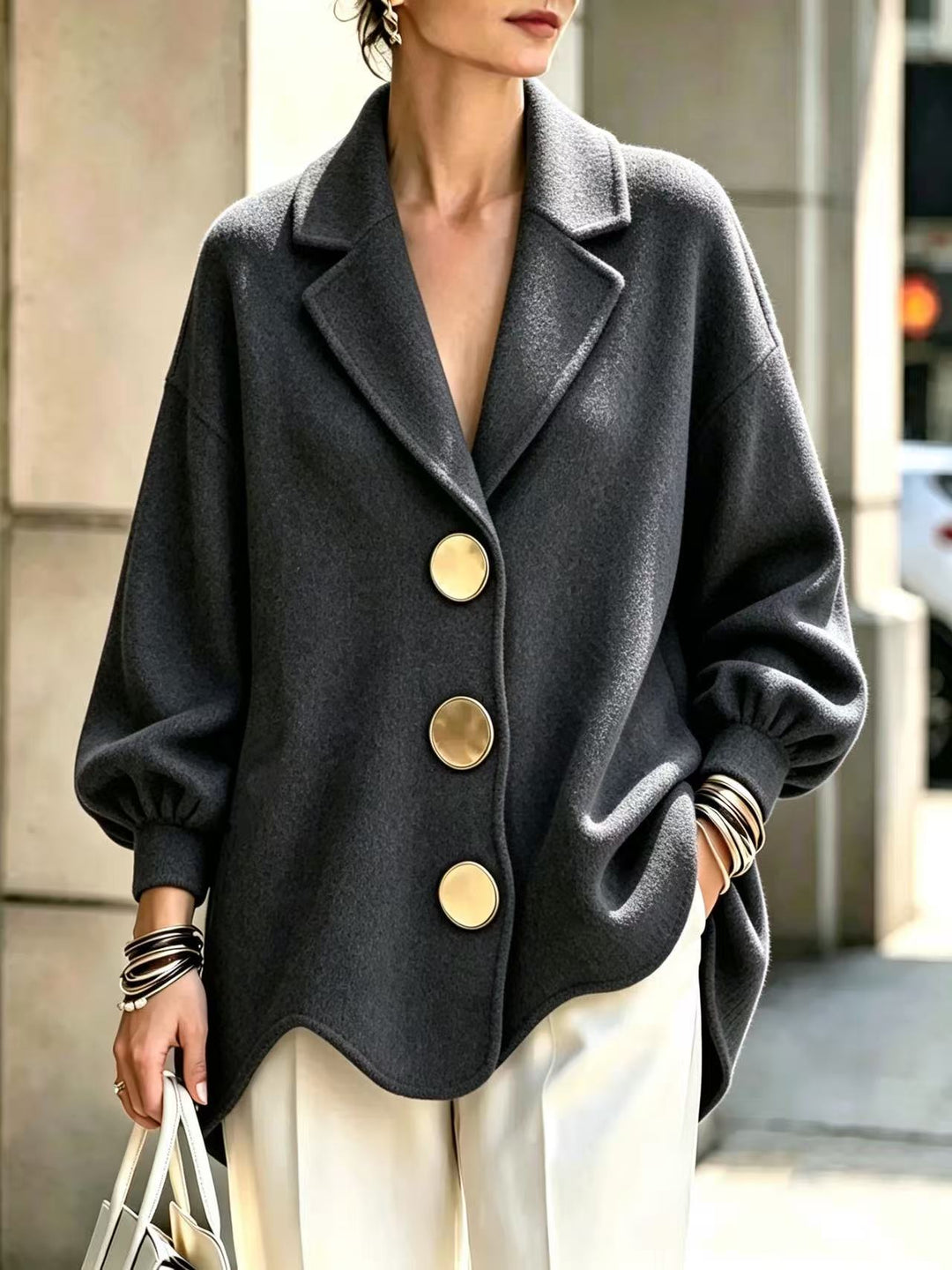 Women's Gray Collared Blouse With Gold-Tone Buttons, Gathered Cuffs And Curved Hem, Close Front View