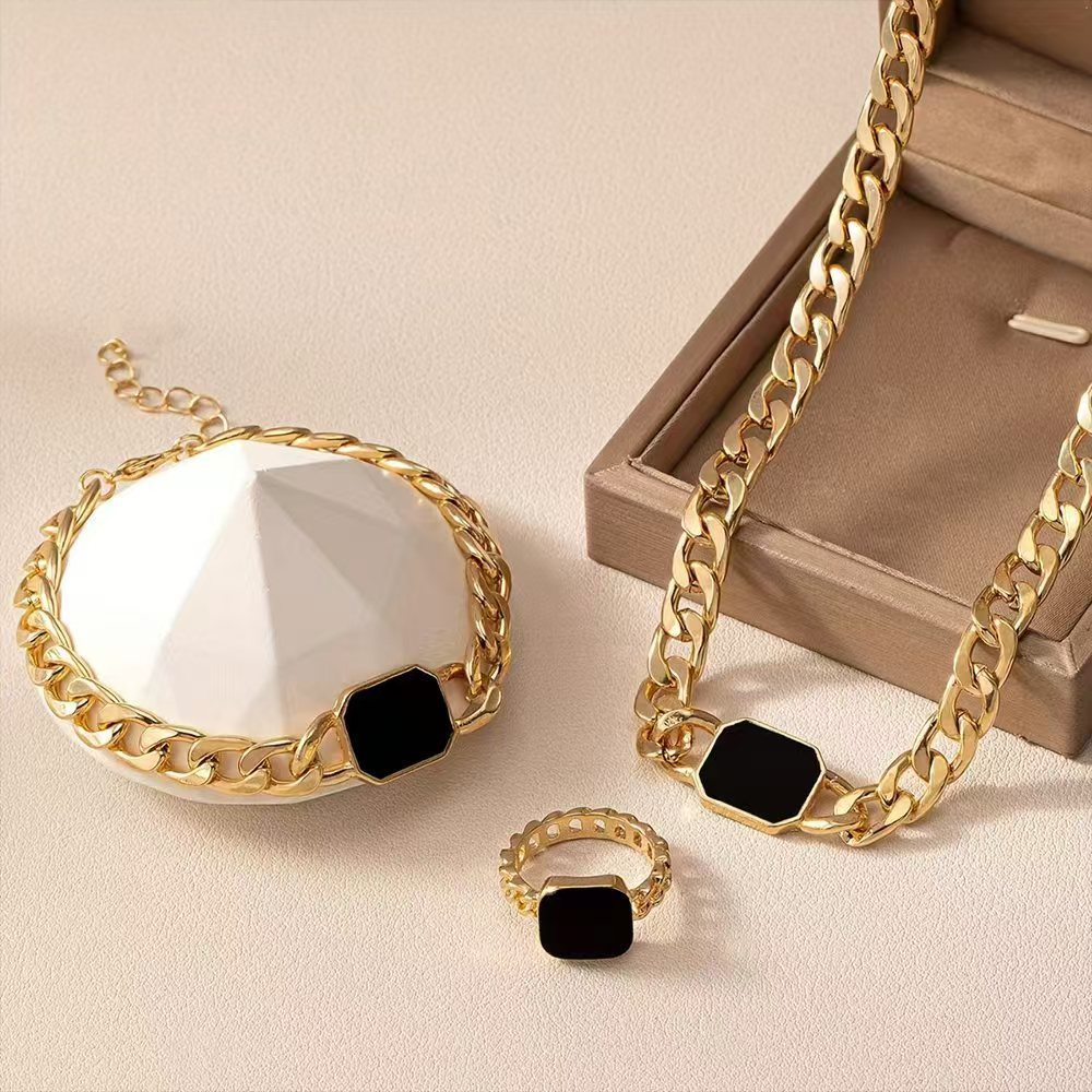Geometric Black Stone Necklace Bracelet Ring Set - Flossy Mom