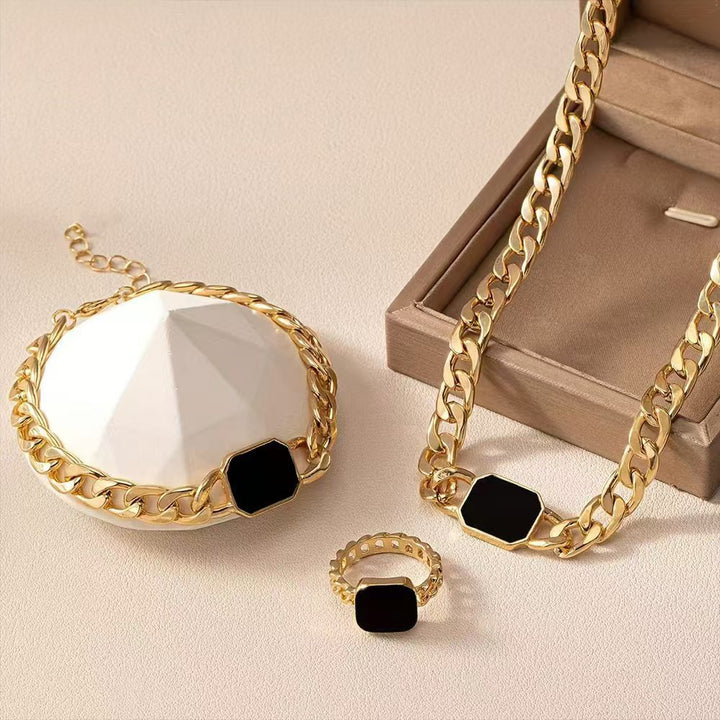 Geometric Black Stone Necklace Bracelet Ring Set - Flossy Mom