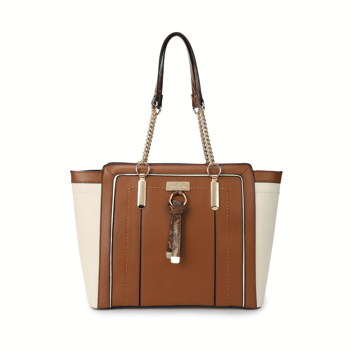 Brown and beige handbag with a chain detail on a white background