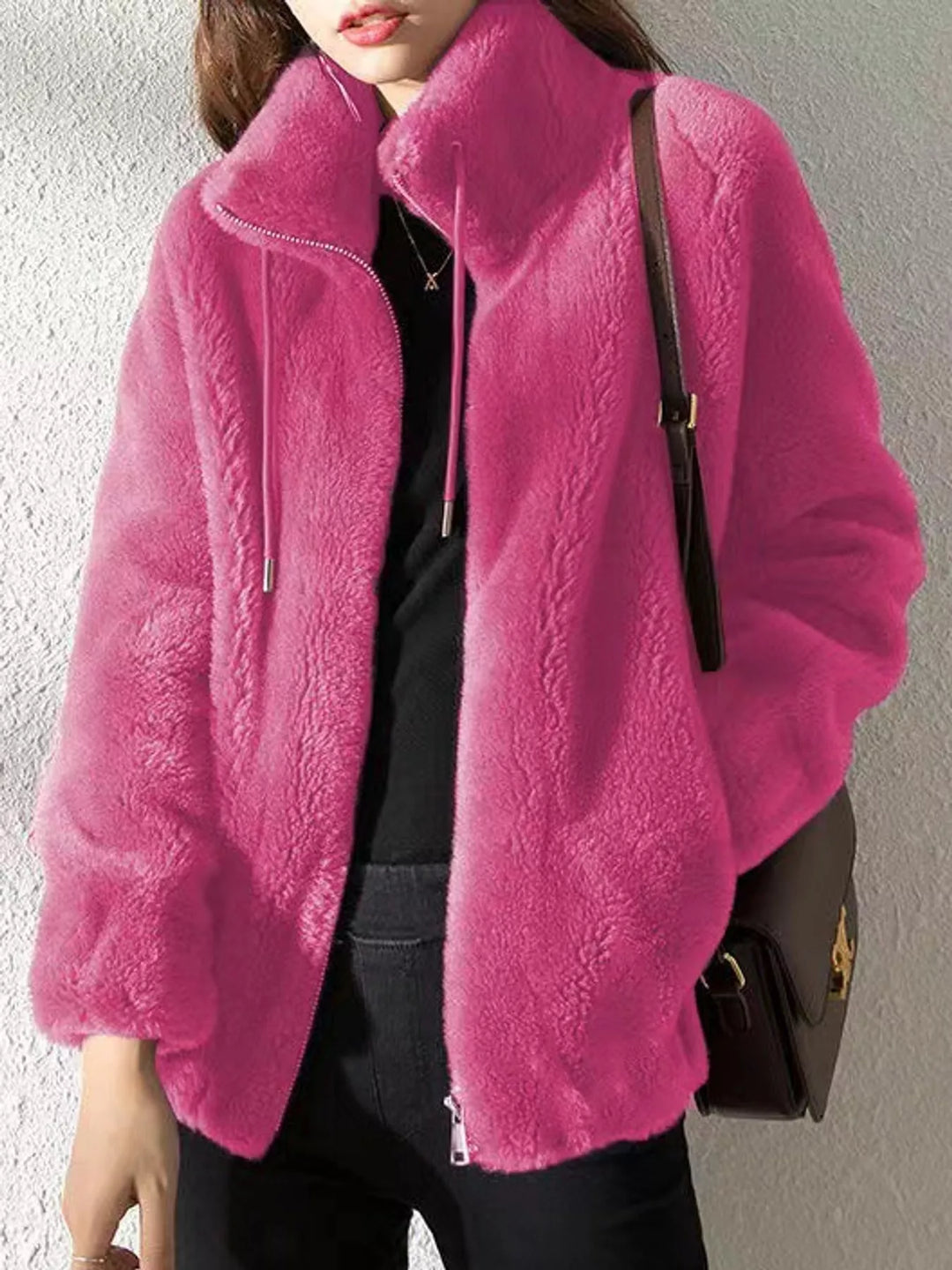 Fuchsia faux fur stand-collar zip jacket with drawstring ties and side pockets