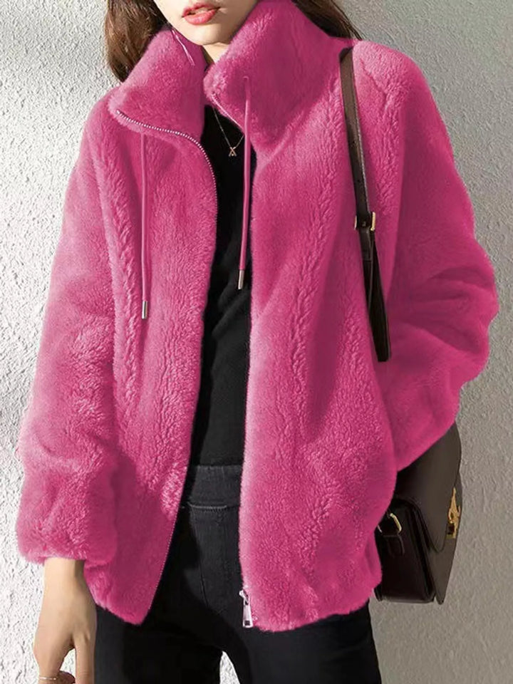 Fuchsia faux fur stand-collar zip jacket with drawstring ties and side pockets
