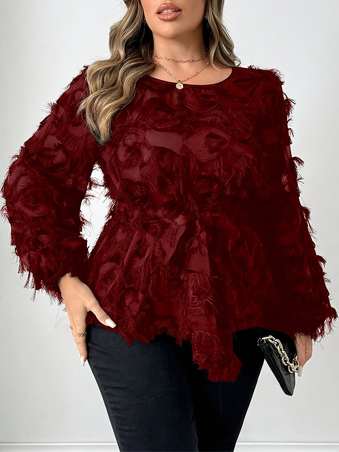 Boss-Lady Mesh Lace Belt Detail Plus Size Shirts - Flossy Mom