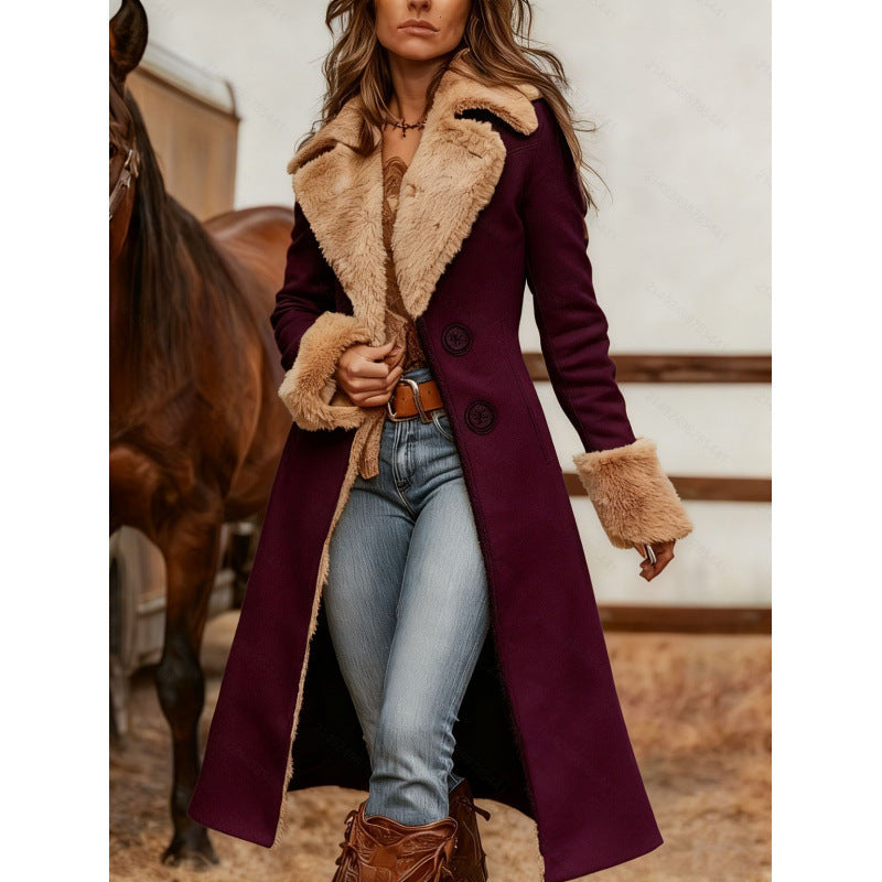 Women's Deep Rose Longline Western Coat With Tan Plush-Look Collar And Cuffs