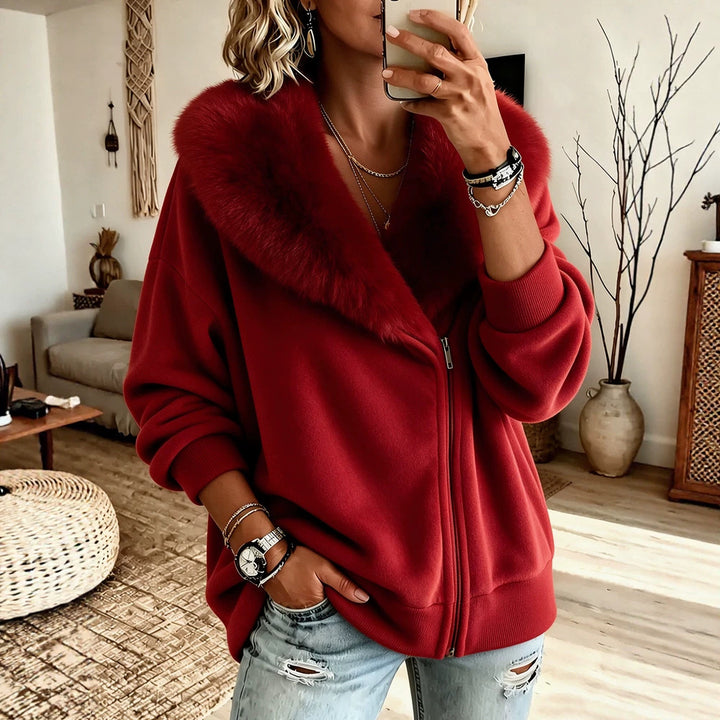 Women's zip-up velvet cardigan with plush collar, deep red