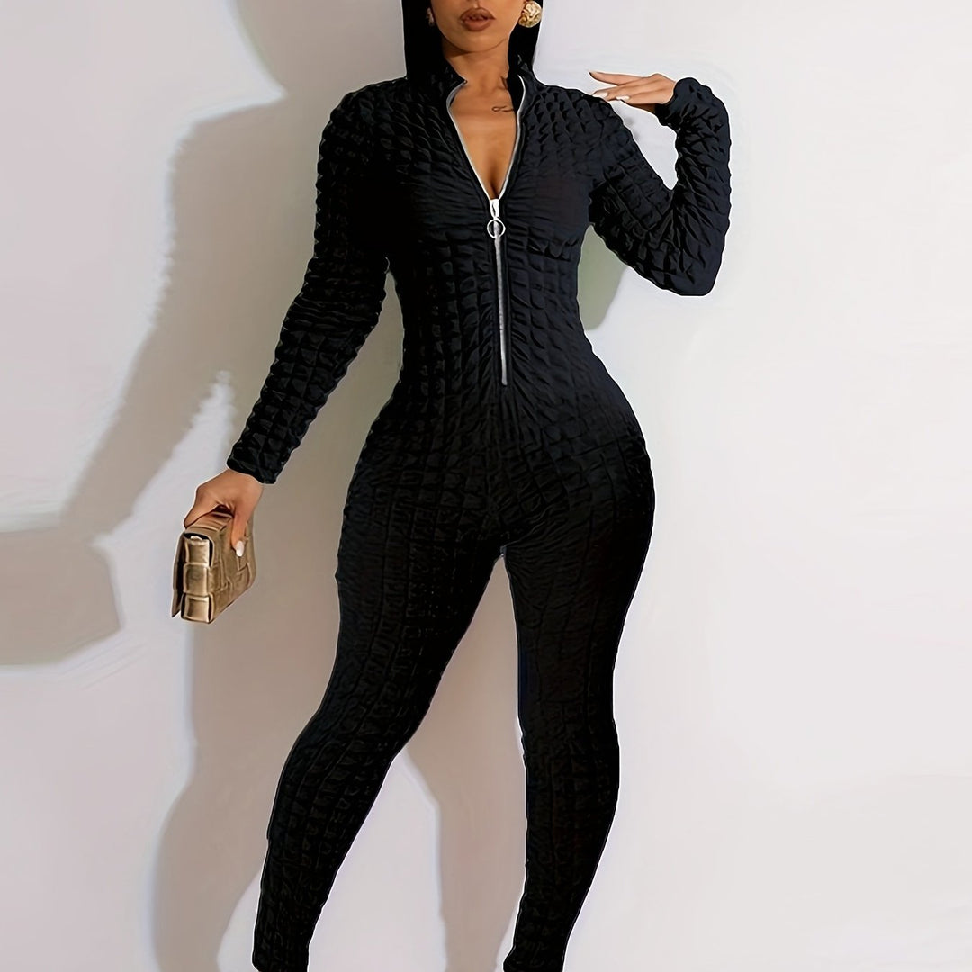 Sexy  Long Sleeve Puff Design Stretchy Zipper Jumpsuits - Flossy Mom