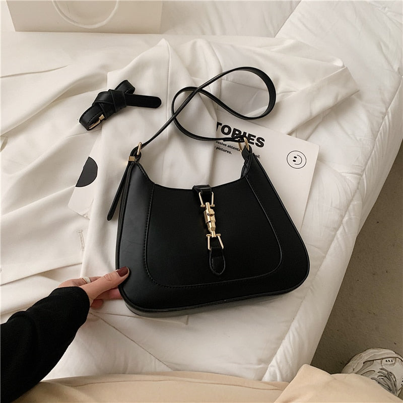 Small Sleek Women's Crossbody Shoulder Bag in White — Designer Gold Lock Handbag