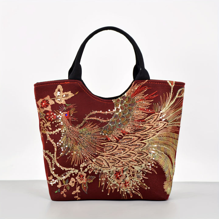 Decorative tote bag with peacock design on a white background