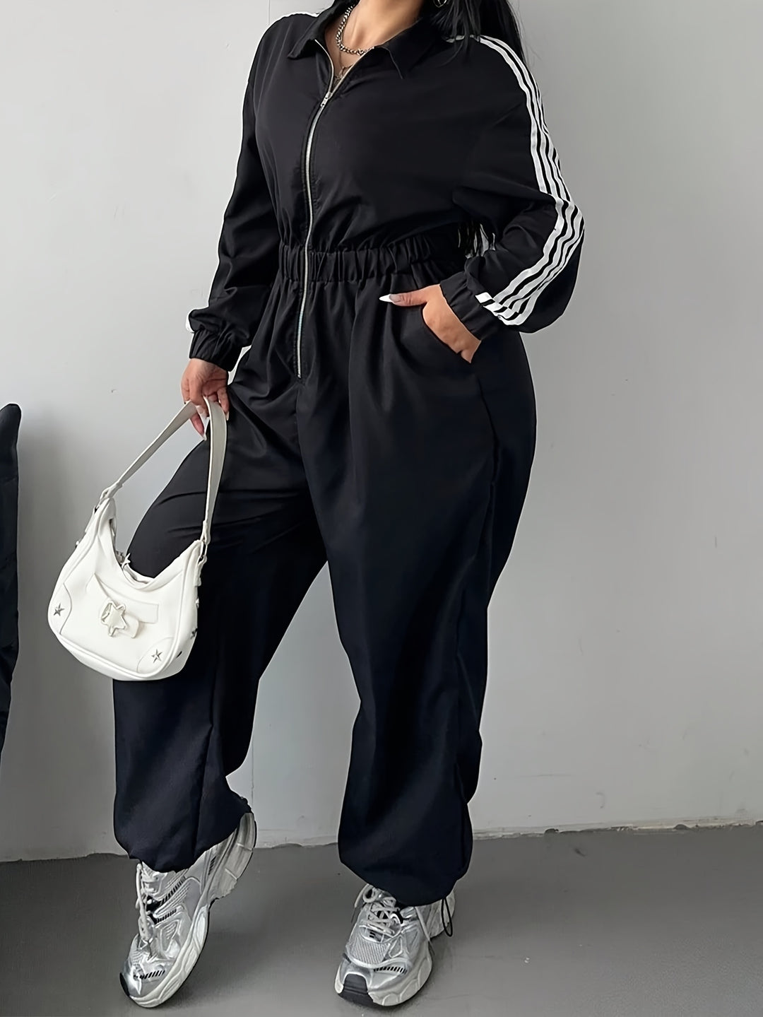 Comfy Loose-Fit Zip-Up Striped Plus Size Jumpsuits - Flossy Mom