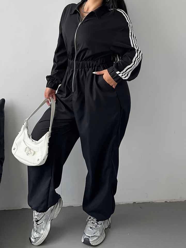Comfy Loose-Fit Zip-Up Striped Plus Size Jumpsuits - Flossy Mom