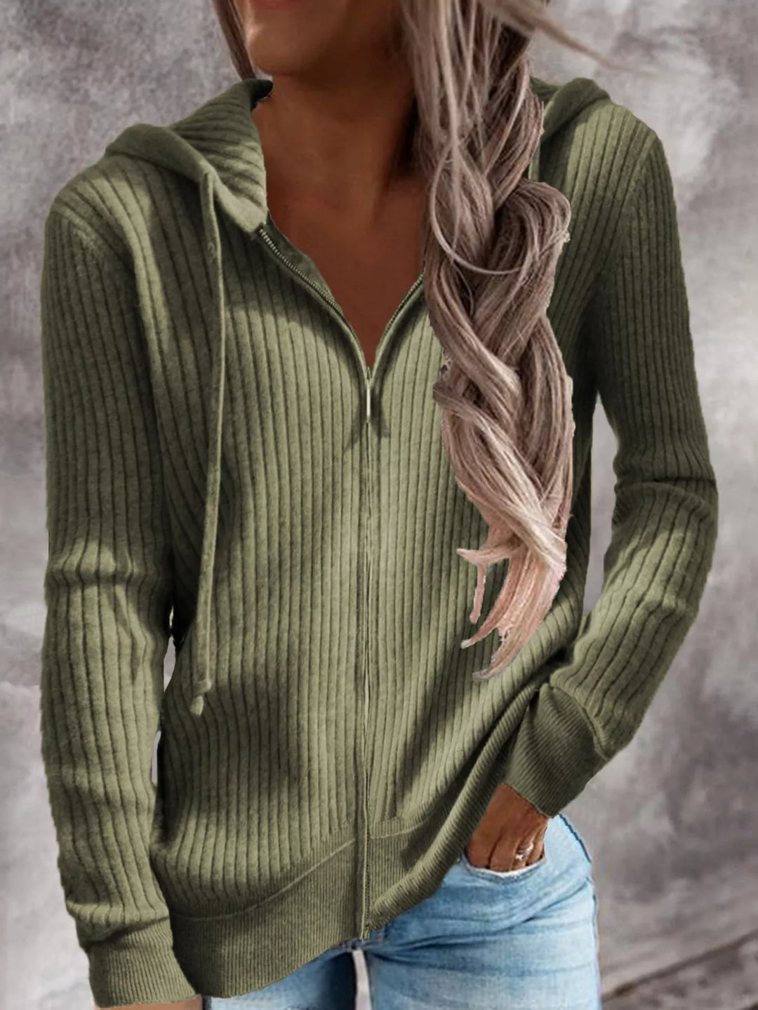Women's Plus Size Army Green Ribbed Knit Zip-Up Hooded Cardigan, Front View