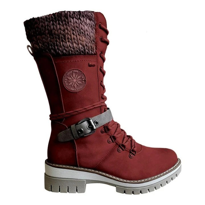 Women's Faux Leather Mid-Calf Boots In Burgundy Red With Knit Cuff And Lace-Up Style