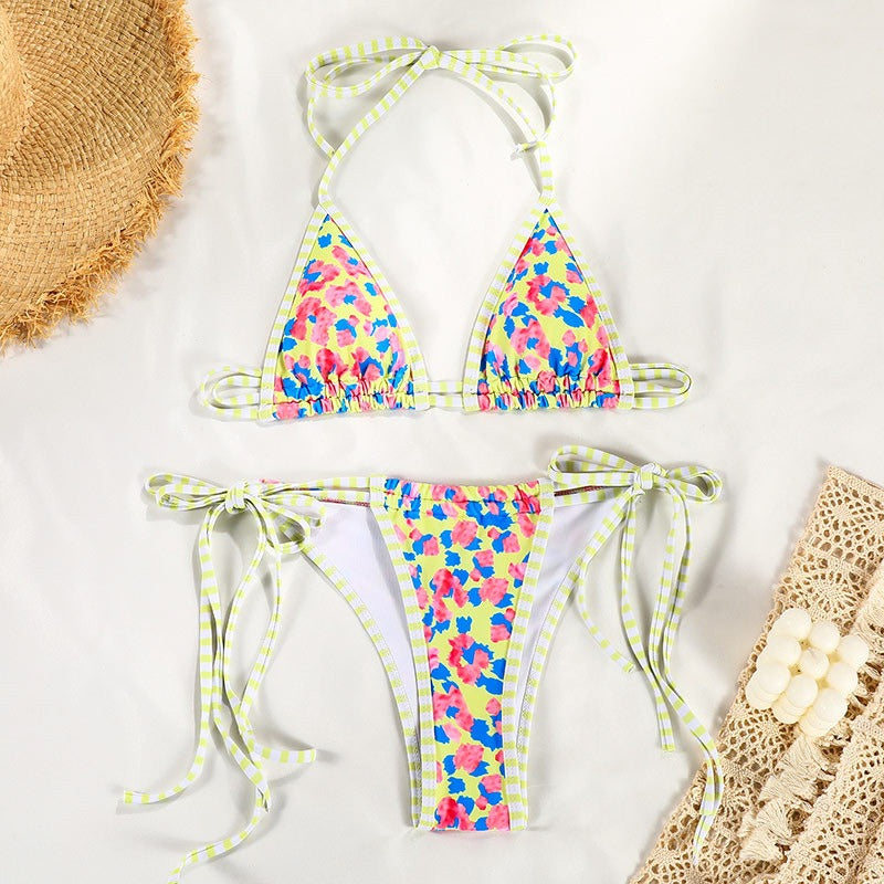 Contrasting Floral Colors Split Strap Tie-Up Bikini Swimsuits
