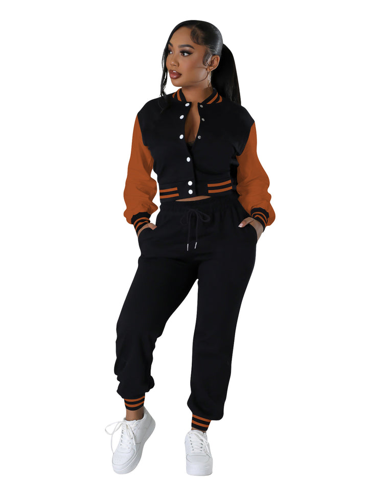 Women’s splicing stripe varsity jacket and drawstring joggers set, black with brown sleeves
