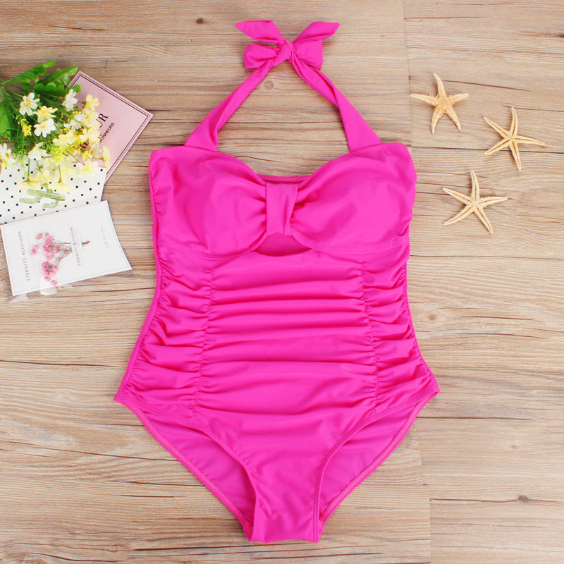 Plus Size Solid Color Cut out Push Up Pleating One-piece Swimsuits