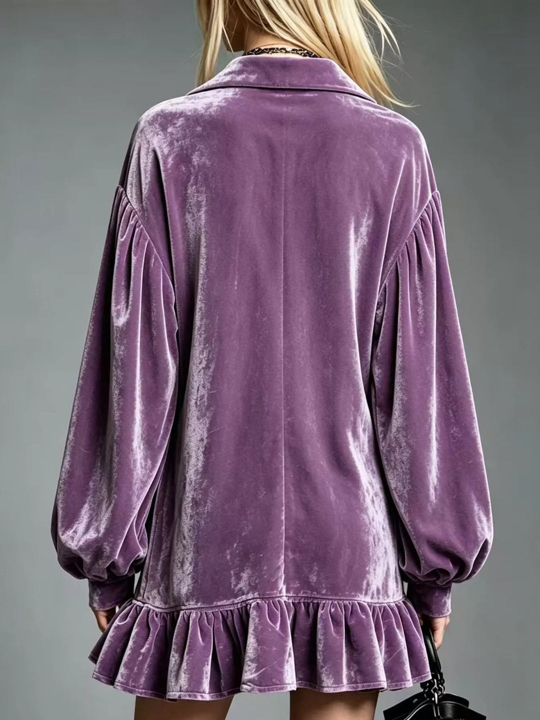 Dark violet velvet long-sleeve mini dress, back view, with ruffle hem