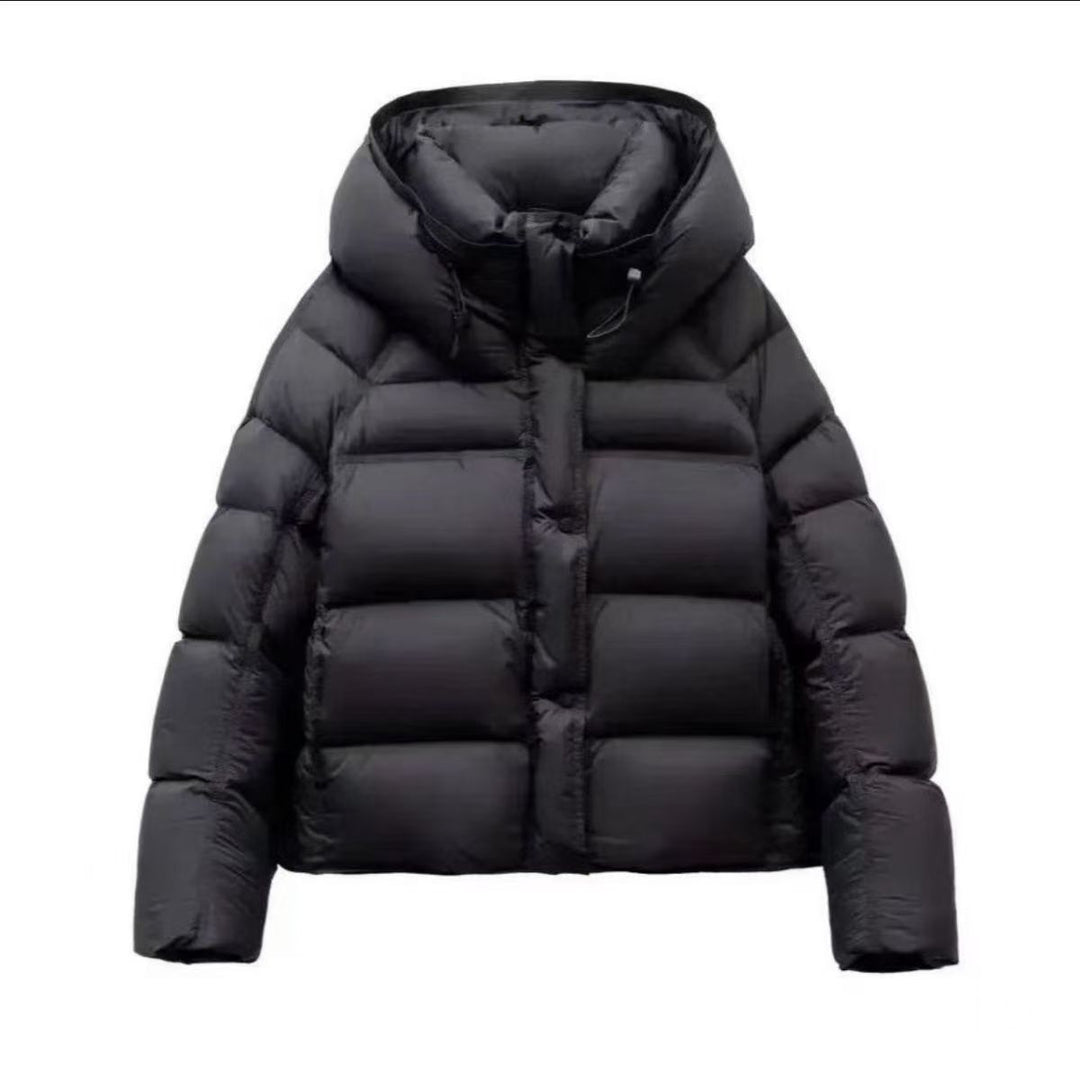 Black Women's Hooded Puffer Jacket With Long Sleeves