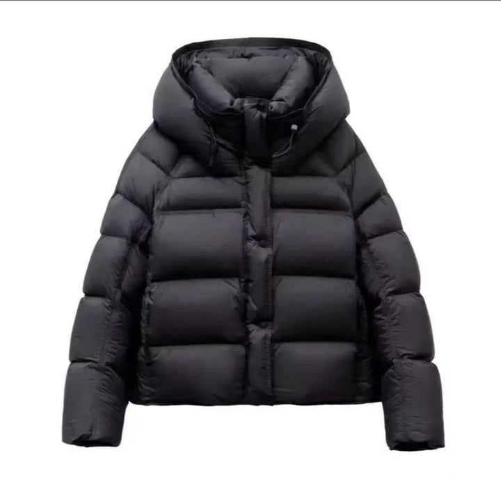 Women's plus size hooded puffer jacket, black, front zip and padded quilted baffles