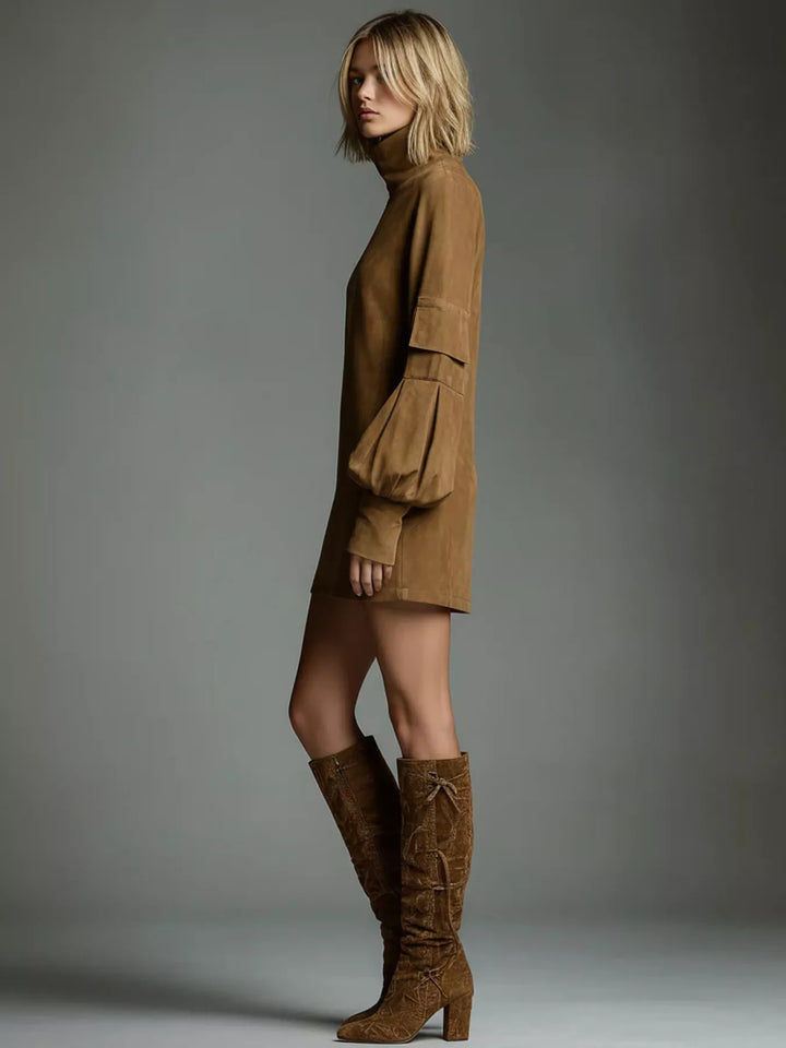 Brown suede mini dress with high turtleneck, lantern sleeves, side view