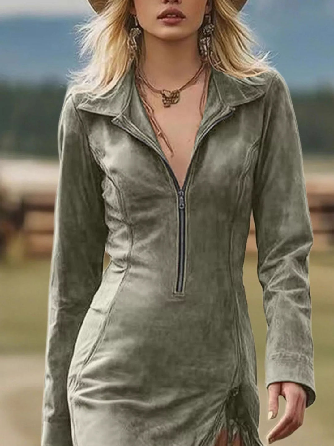 Sage green bodycon zip-front dress with fringe hem and long sleeves