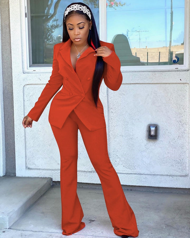 Woman wearing red  office pants suit
