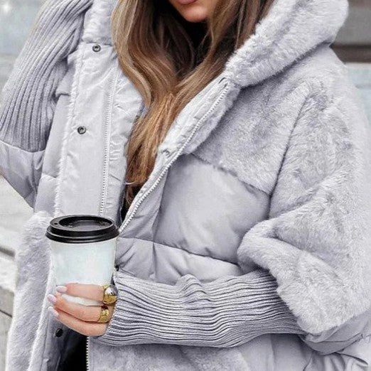 Women’s Gray Winter Jacket Close-Up With Plush Panels And Long Ribbed Cuffs