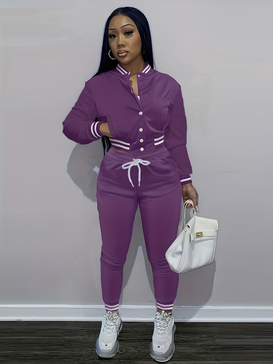Trendy Streetwear Crop Baseball Jacket & Pants Set - Flossy Mom