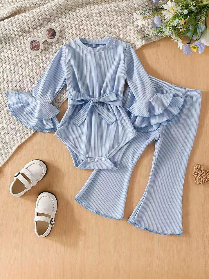 1-12M Baby Girls Stylish Ruffle Long Sleeve Bow Romper & Bell Bottoms Pants - Gen U Us Products - Baby Girls Outfits 