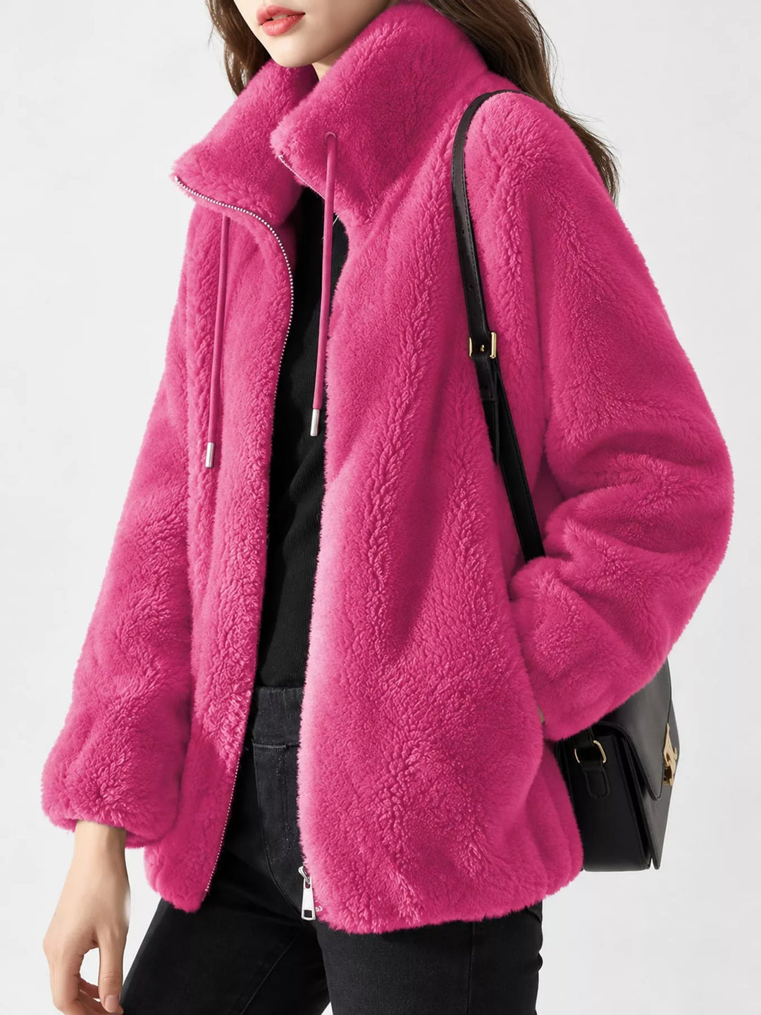 Fuchsia faux fur stand-collar zip jacket with drawstring cords and zip front