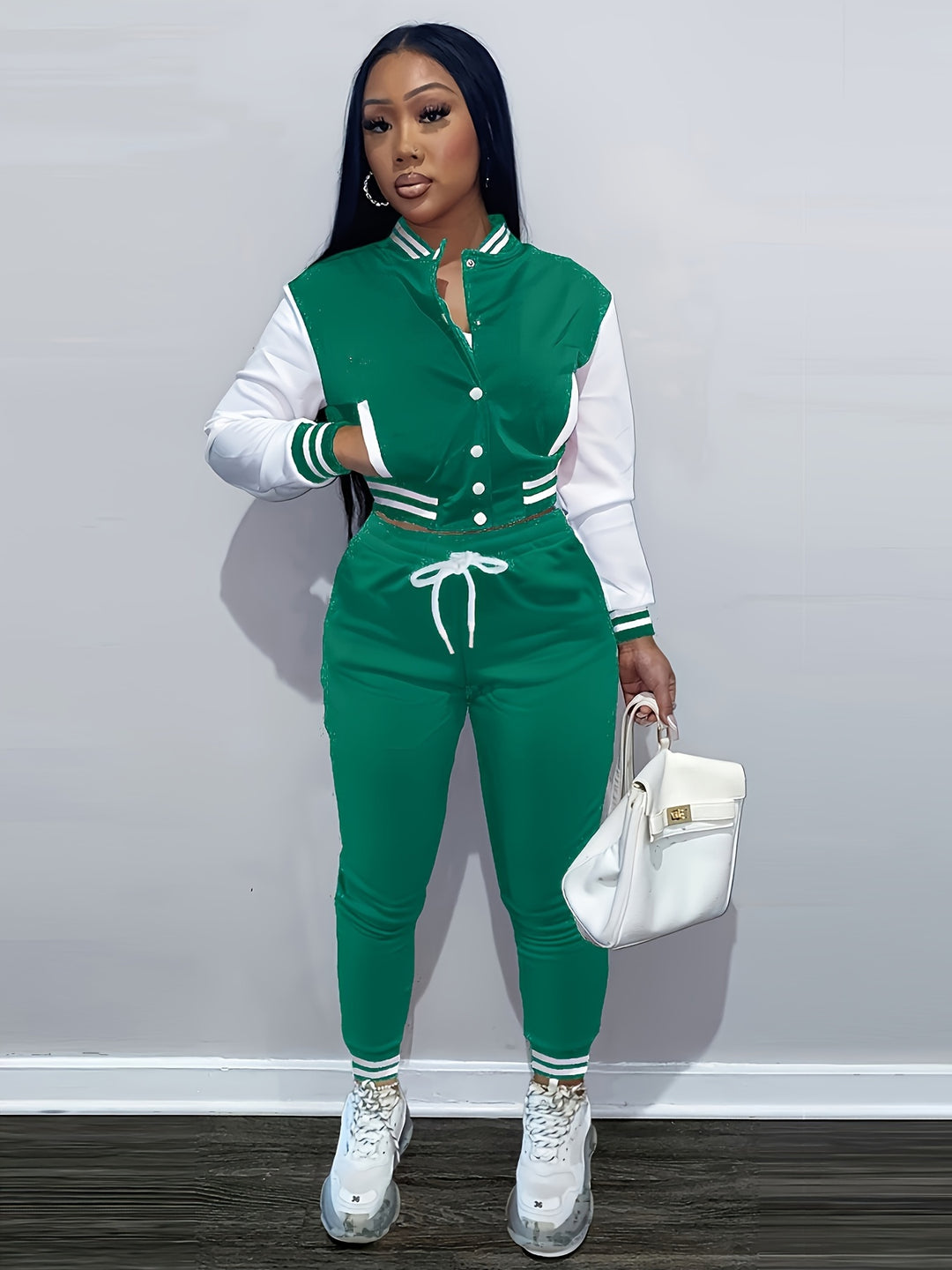 Trendy Streetwear Crop Baseball Jacket & Pants Set - Flossy Mom