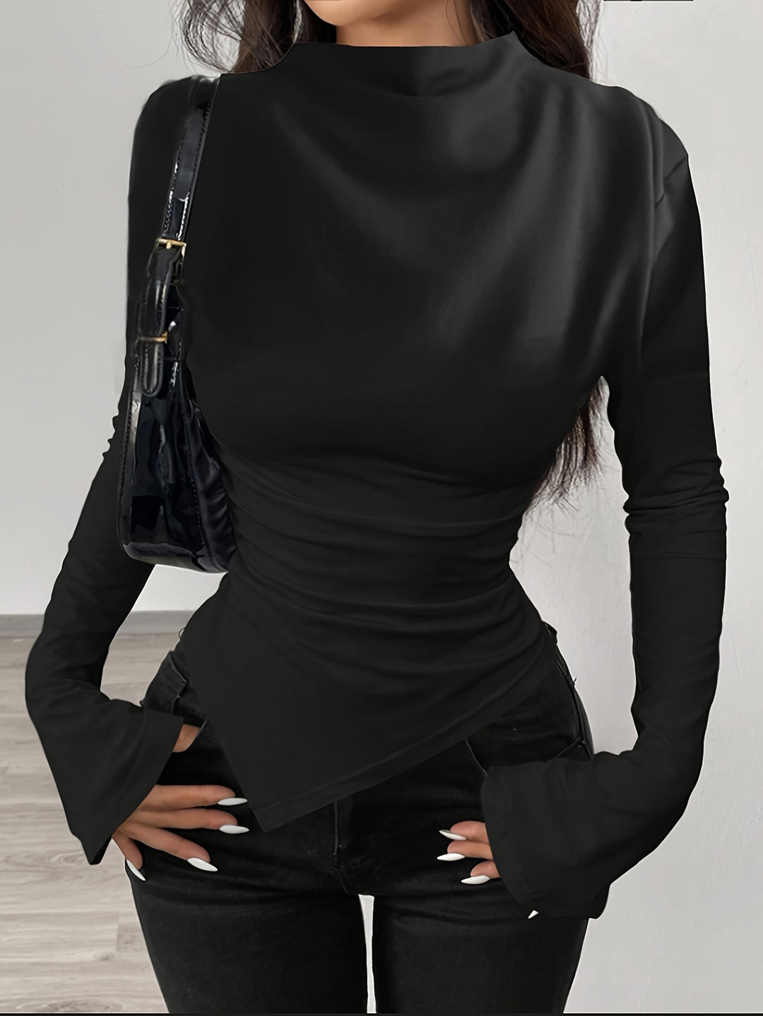 High Neck Wide Shoulder Asymmetrical Plus Size Black Shirts - Flossy Mom