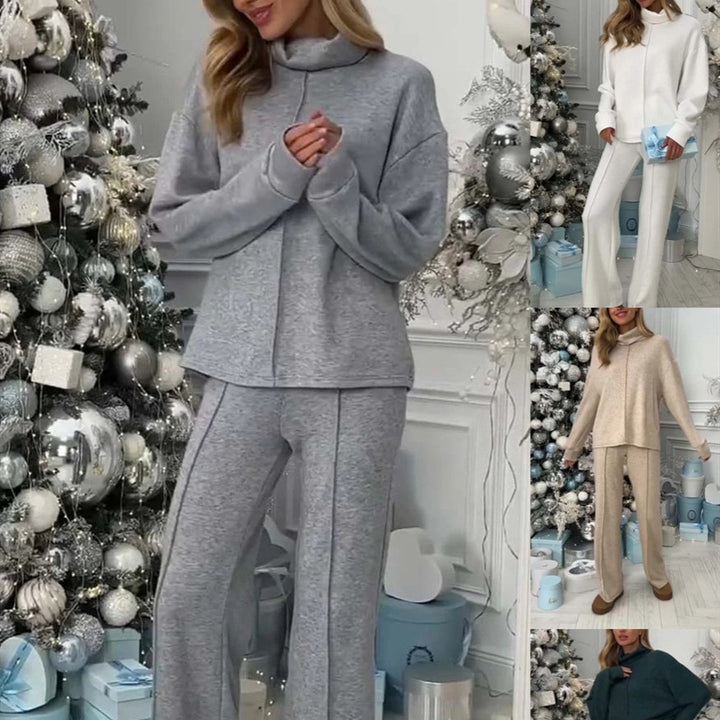Woman in different color outfits standing in a room with decorative Christmas tree and presents.