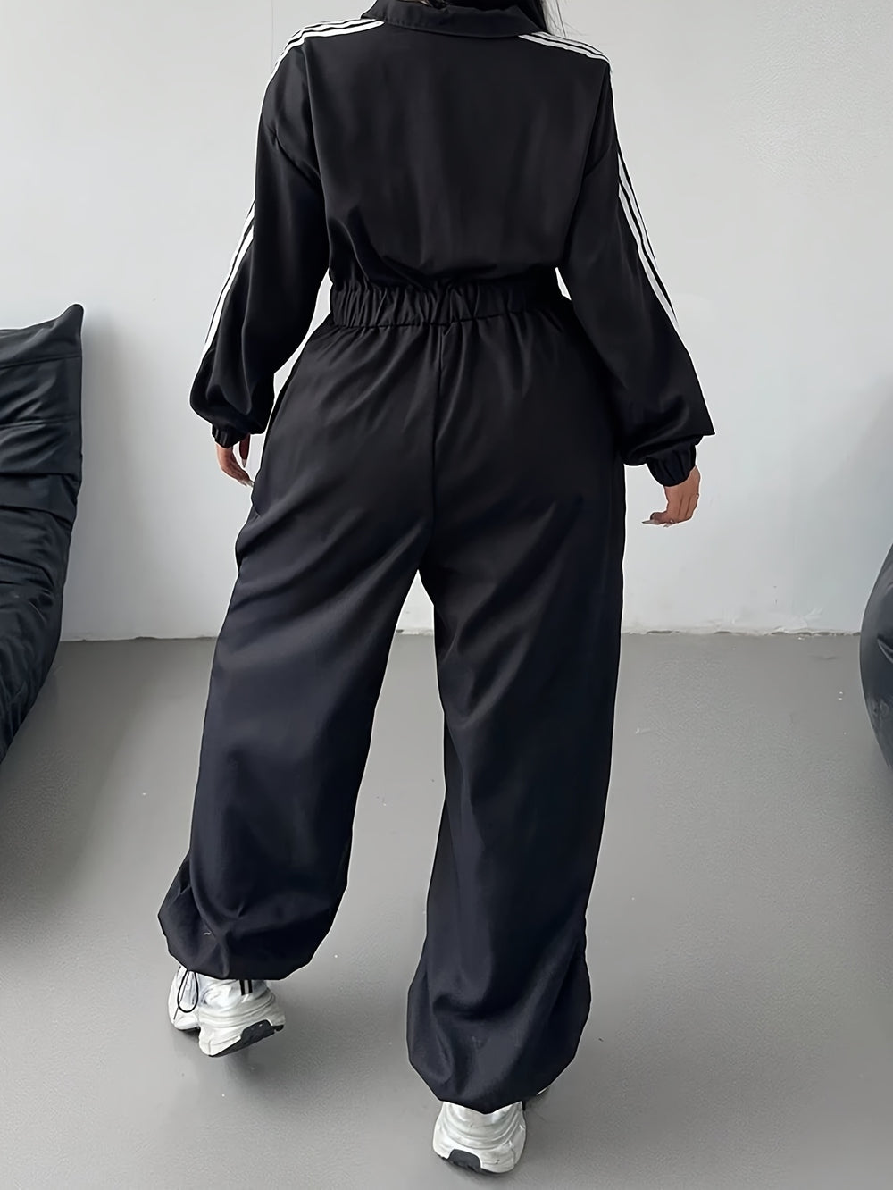 Comfy Loose-Fit Zip-Up Striped Plus Size Jumpsuits - Flossy Mom