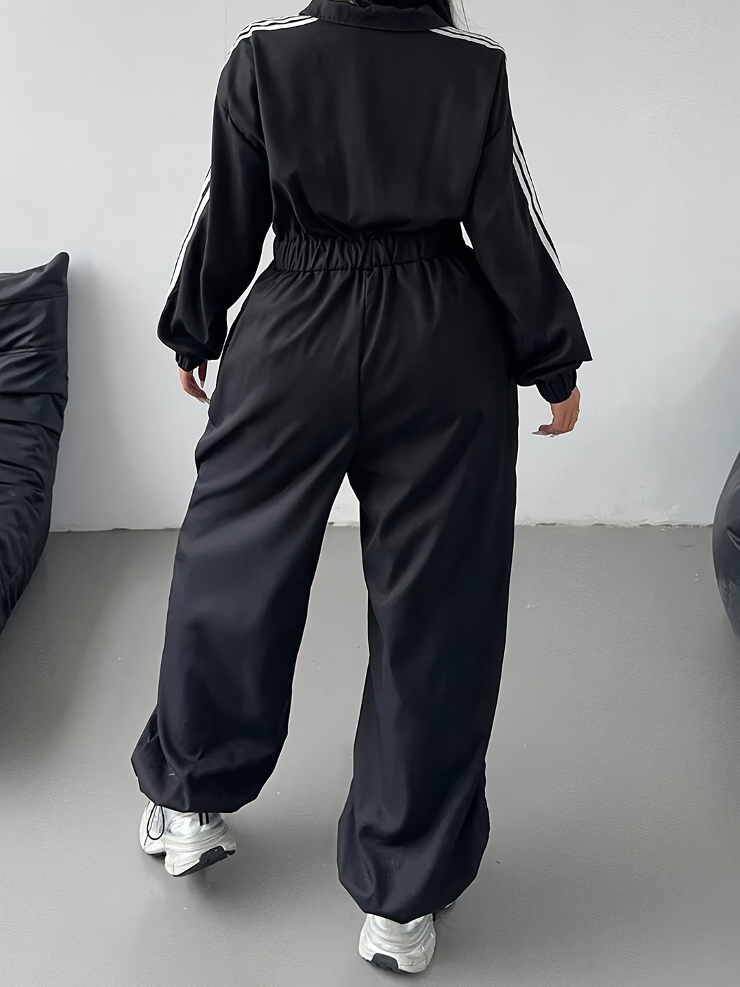 Comfy Loose-Fit Zip-Up Striped Plus Size Jumpsuits - Flossy Mom