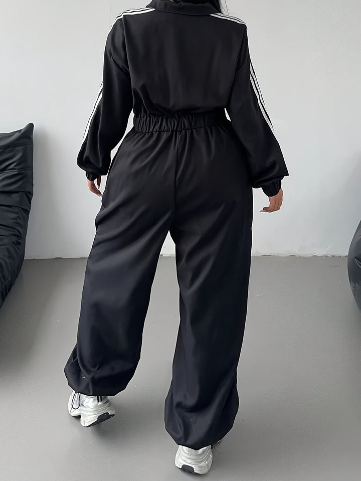 Comfy Loose-Fit Zip-Up Striped Plus Size Jumpsuits - Flossy Mom