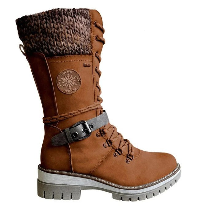 Women's Faux Leather Mid-Calf Boots In Brown With Knit Cuff Buckle And Lace-Up