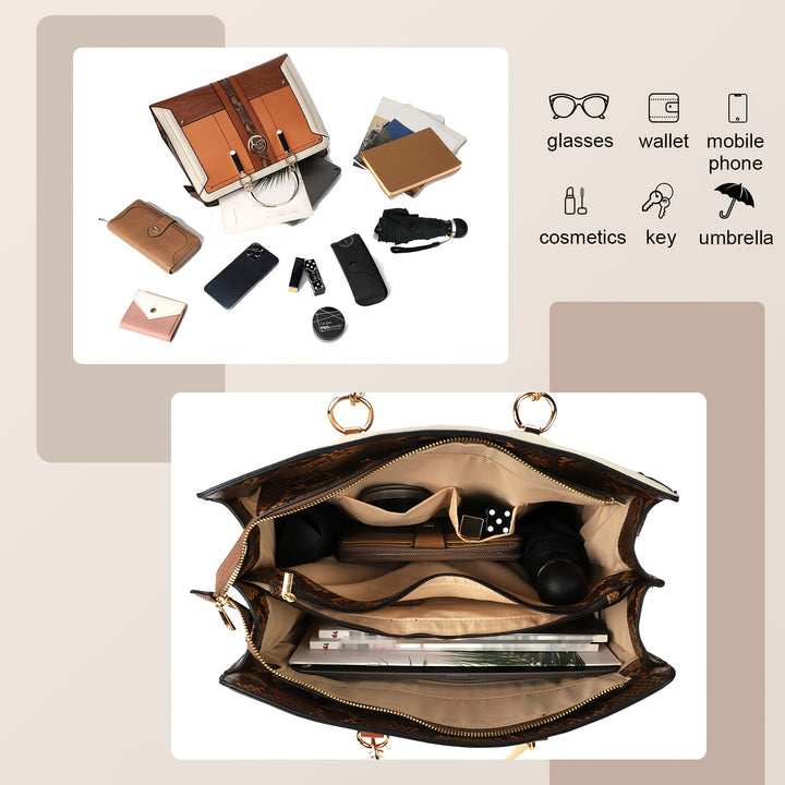 Open brown leather handbag with its contents displayed, including a wallet, glasses, and other items.