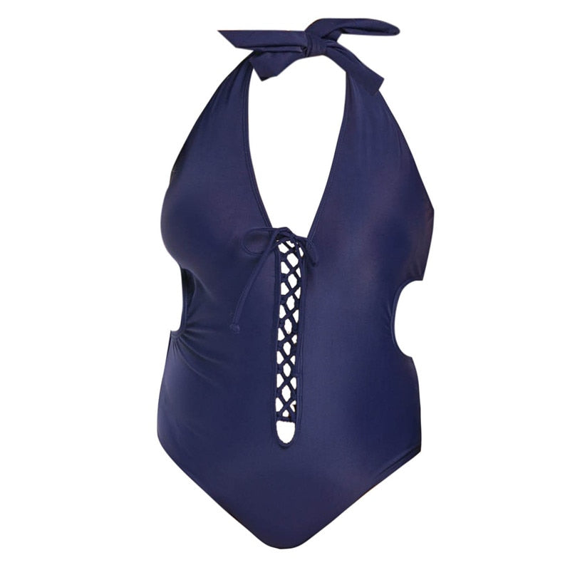 Sexy Curvy Plus Size Women's Cut-out Blue Swimsuits