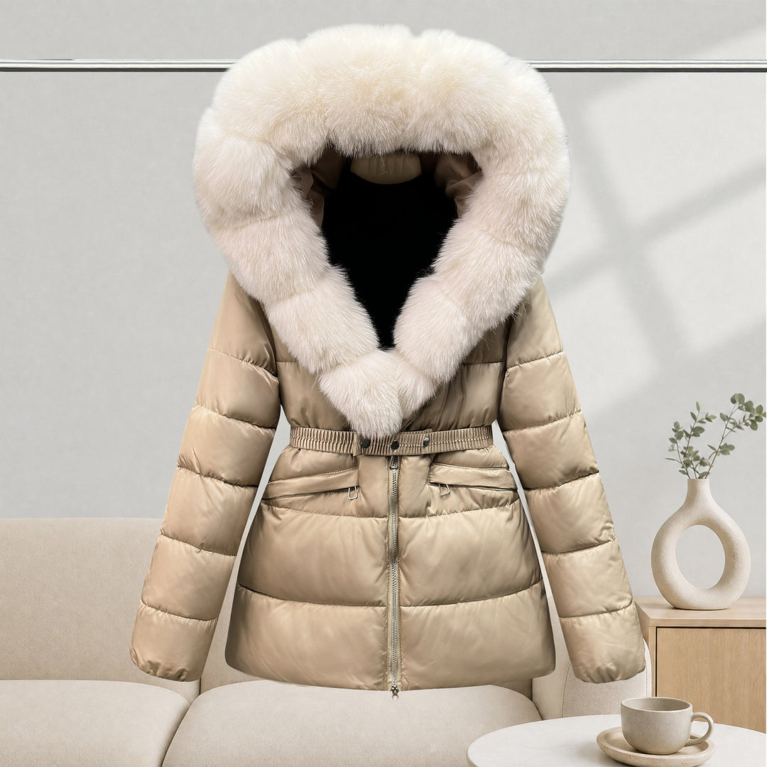Women’s Khaki Belted Puffer Coat With Cream Fur-Trimmed Hood, Front Product View.